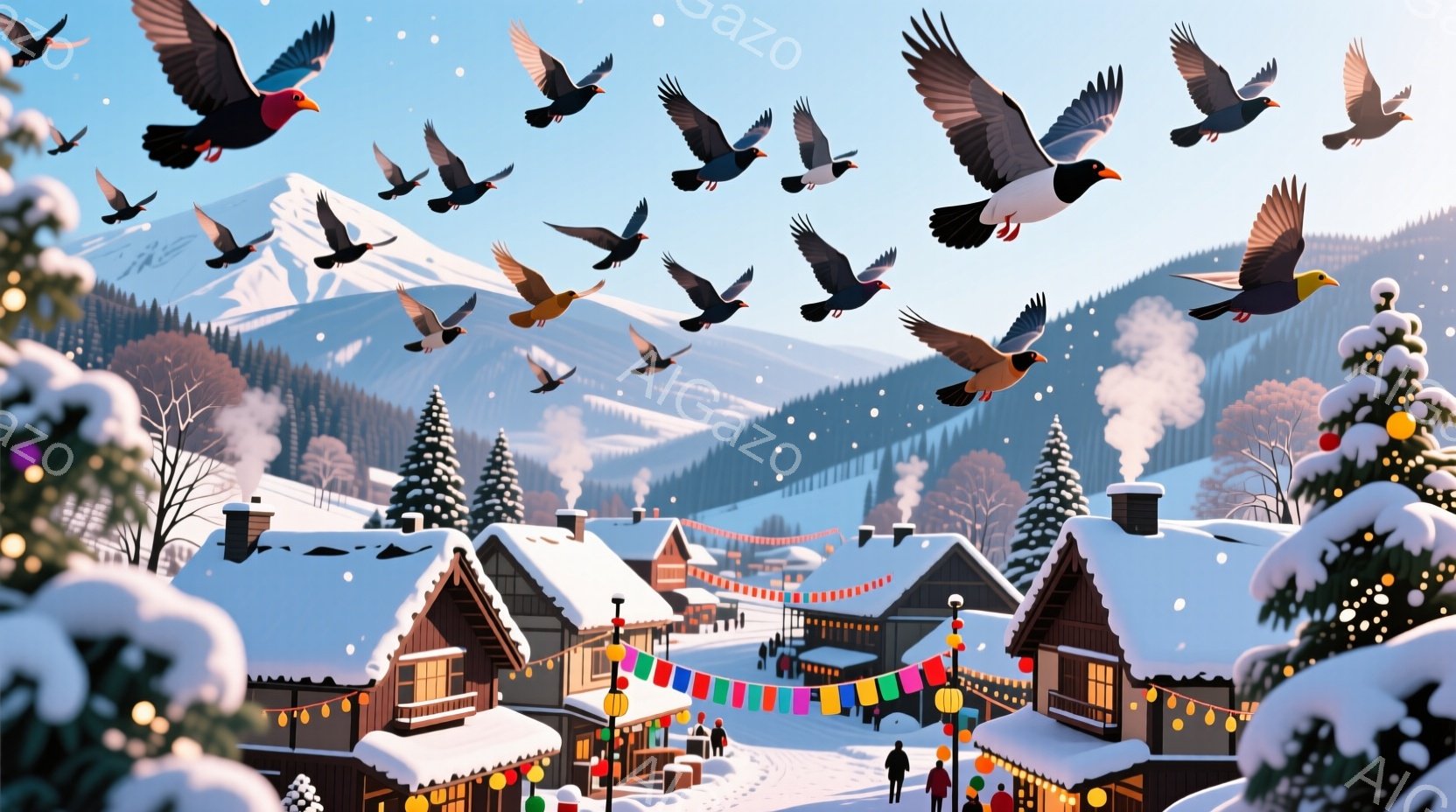 雪に覆われた山間の村が描かれています。木造の家々は雪の屋根を持ち、温かい光が灯っています。多くの鳥が空を舞い、人々は冬の装いで村を散策しており、暖かく穏やかな冬の雰囲気が漂っています。 - AI生成フリー素材