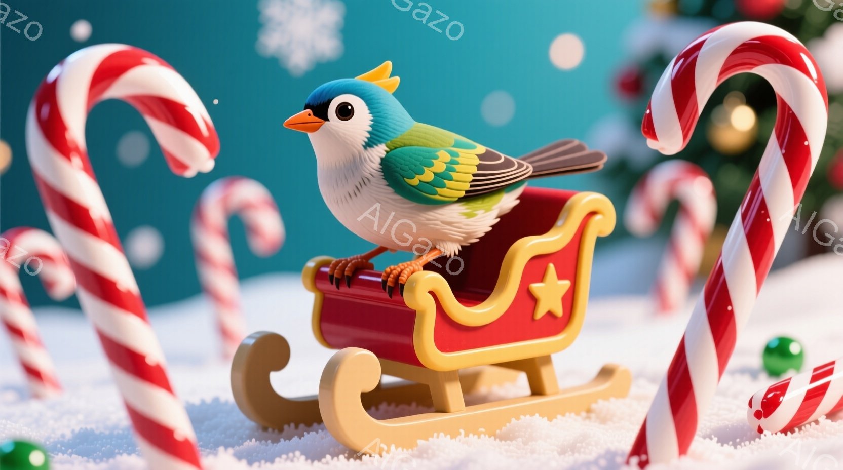 小さな鳥が、黄色いそりに乗って雪の上にいます。鳥は青と緑の羽を持ち、可愛らしい表情で前を見据えています。背景には、キャンディケーンやクリスマスツリーの飾りがあり、雪が降り積もる冬の楽しい雰囲気が漂って - AI生成フリー素材