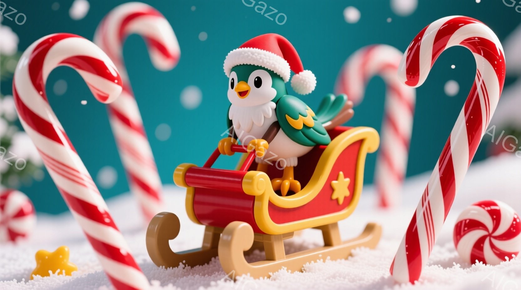 雪が舞う背景に、赤いそりに乗った小さな鳥が描かれています。鳥はサンタの帽子をかぶり、楽しそうな表情でそりのハンドルを握っています。背景には、赤と白のストライプが特徴的なキャンディケーンが立ち並び、冬の - AI生成フリー素材