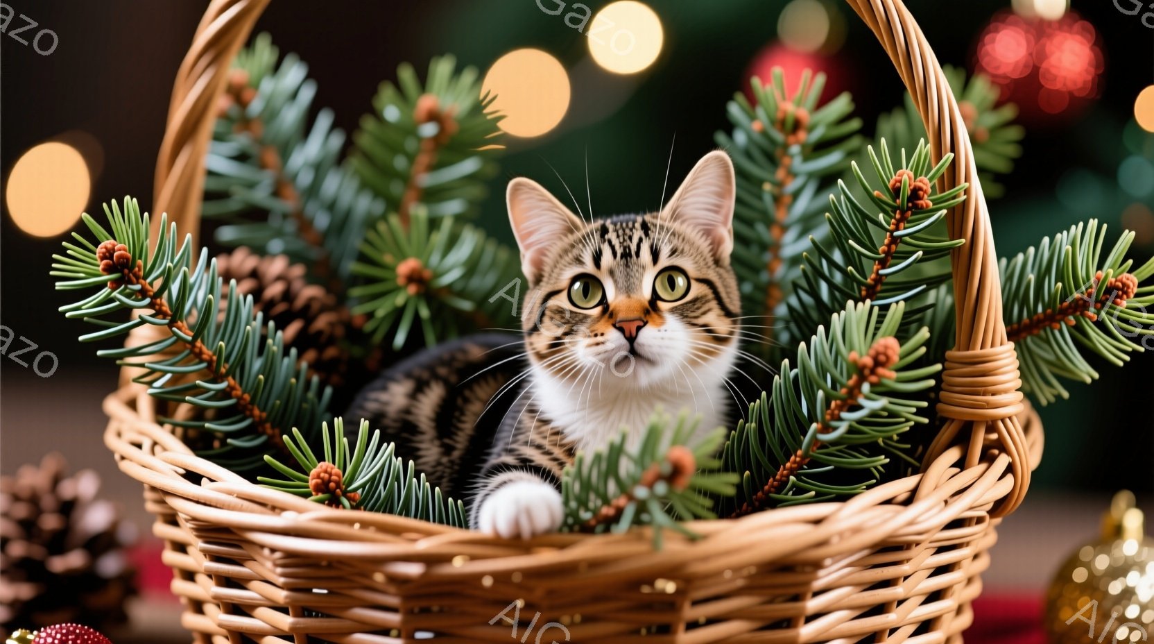 茶色いバスケットの中に、縞模様の猫がリラックスして横たわっています。猫は白い胸とあご、そして緑色の瞳を持っており、カメラに向かって少し微笑んでいるように見えます。背景にはぼやけたクリスマスツリーの飾り - AI生成フリー素材