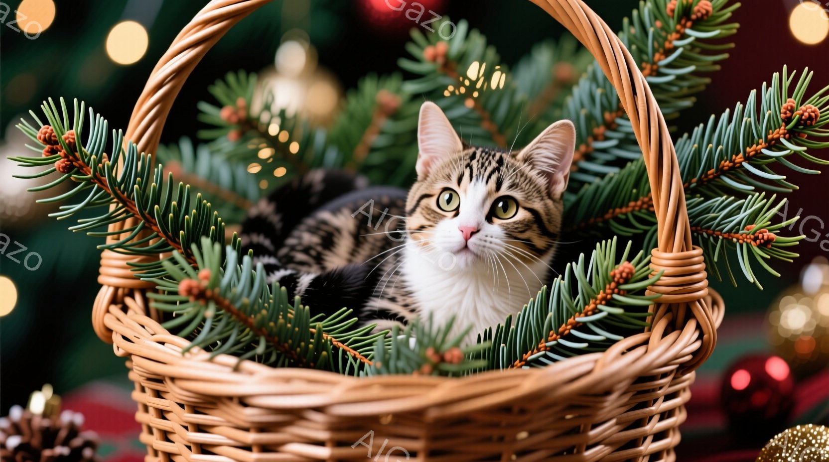 白と黒の縞模様の猫が、クリスマスツリーの葉や赤い実で飾られた編み込みの籠の中に横たわっています。猫はカメラ目線で、穏やかでリラックスした表情をしています。背景はぼかされており、クリスマスらしい飾りやぼ - AI生成フリー素材