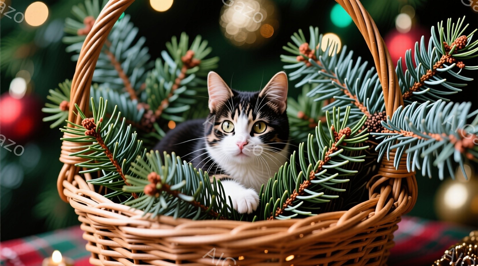白と黒の猫が、クリスマスツリーの枝で飾られた籐の籠の中に座っています。猫はカメラに向かって少し警戒した表情で、緑色の目を光らせています。背景にはぼやけたクリスマスツリーの飾りやライトが見え、暖かくお祝 - AI生成フリー素材