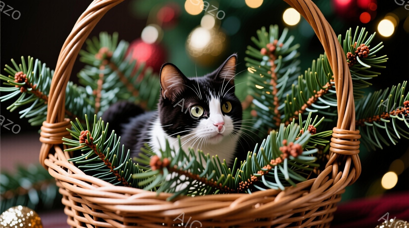 白と黒の猫が、クリスマスツリーの枝で飾られた籐のバスケットの中に横たわっています。猫は正面を見つめ、わずかに開いた口と緑色の瞳が印象的です。背景にはぼやけたクリスマスツリーの飾りと光が散りばめられ、温かく、お祝いムードに満ちた雰囲気です。