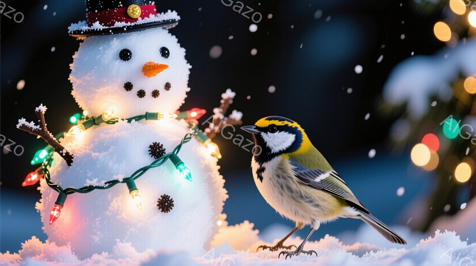 雪景色の中に、雪だるまが立っており、カラフルな電飾で飾られています。その隣には、鮮やかな黄色の体を持つ小さな鳥が雪の上に止まり、こちらを見ています。背景にはぼやけたクリスマスツリーの光が輝き、全体的に - AI生成フリー素材