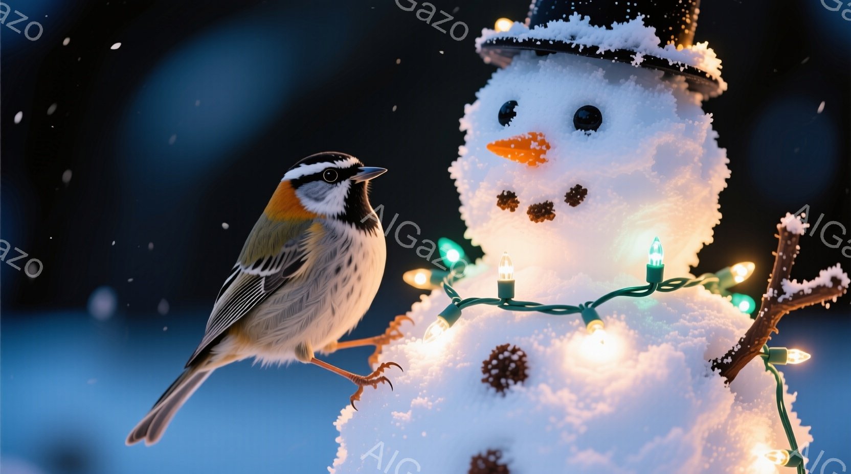 雪景色の中に、小さな鳥が雪だるまにとまっています。雪だるまは、小さな石ころの目と鼻、そしてオレンジ色のニンジンでできた鼻を持ち、頭にはシルクハットをかぶっています。背景は暗い青色で、雪が舞い散っており - AI生成フリー素材