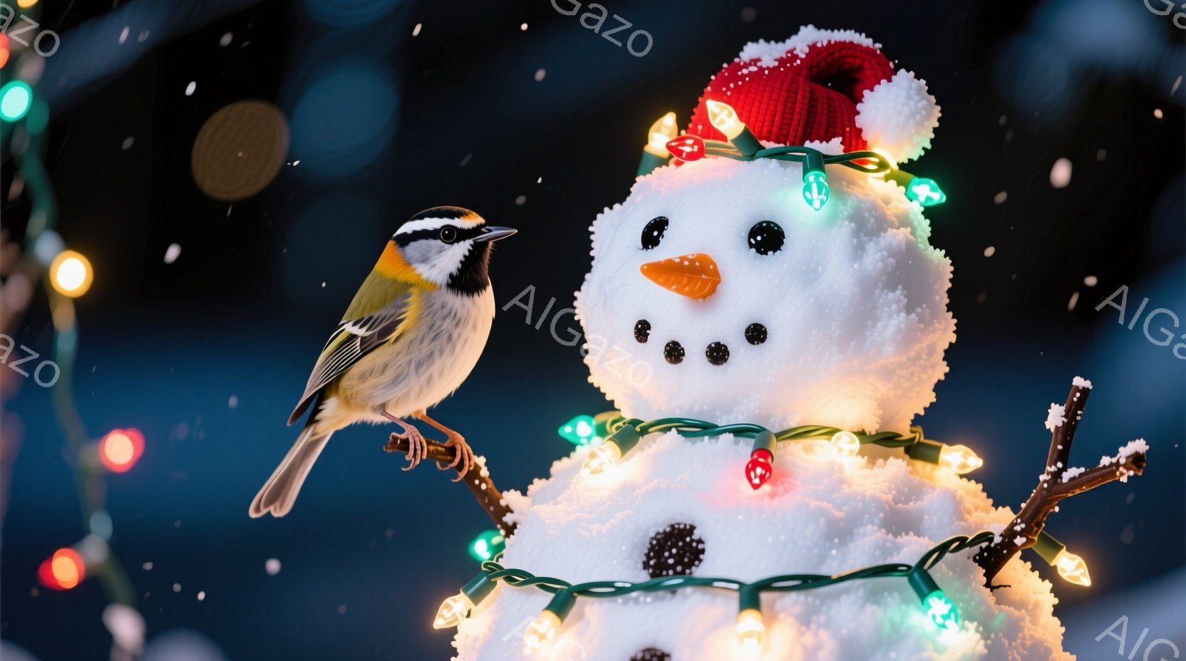 雪で作られた大きな雪だるまが、頭に赤い帽子をかぶり、クリスマスのイルミネーションライトで飾られています。小さな鳥が雪だるまの枝に止まり、まるでその姿を見守っているようです。背景は暗く、雪が舞い散る冬の - AI生成フリー素材