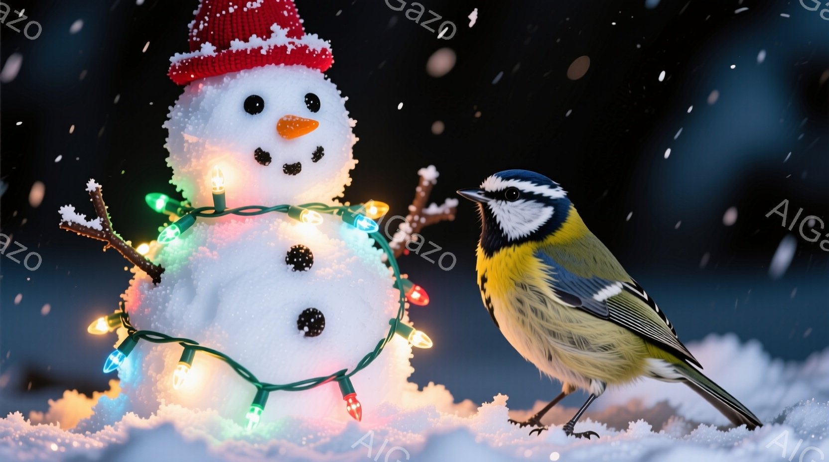 雪景色の中に、可愛らしい雪だるまが立っています。赤色のニット帽をかぶり、オレンジ色の鼻と炭でできた目と口が愛らしい表情を作り出しています。色とりどりのイルミネーションが雪だるまの周りを飾り、そのすぐ隣には、鮮やかな青い頭と黄色い体の小鳥が雪の上に立っています。