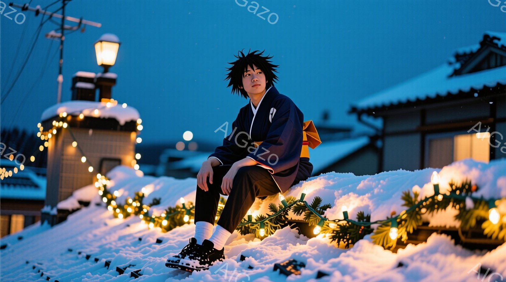 雪に覆われた屋根の上、紺色の着物姿の男性が座っている。彼は黒い髪を無造作にまとめ、少し憂いを帯びた表情で遠くを見つめている。背景には日本の伝統的な建物と、温かい光を放つイルミネーションが広がり、冬の静 - AI生成フリー素材