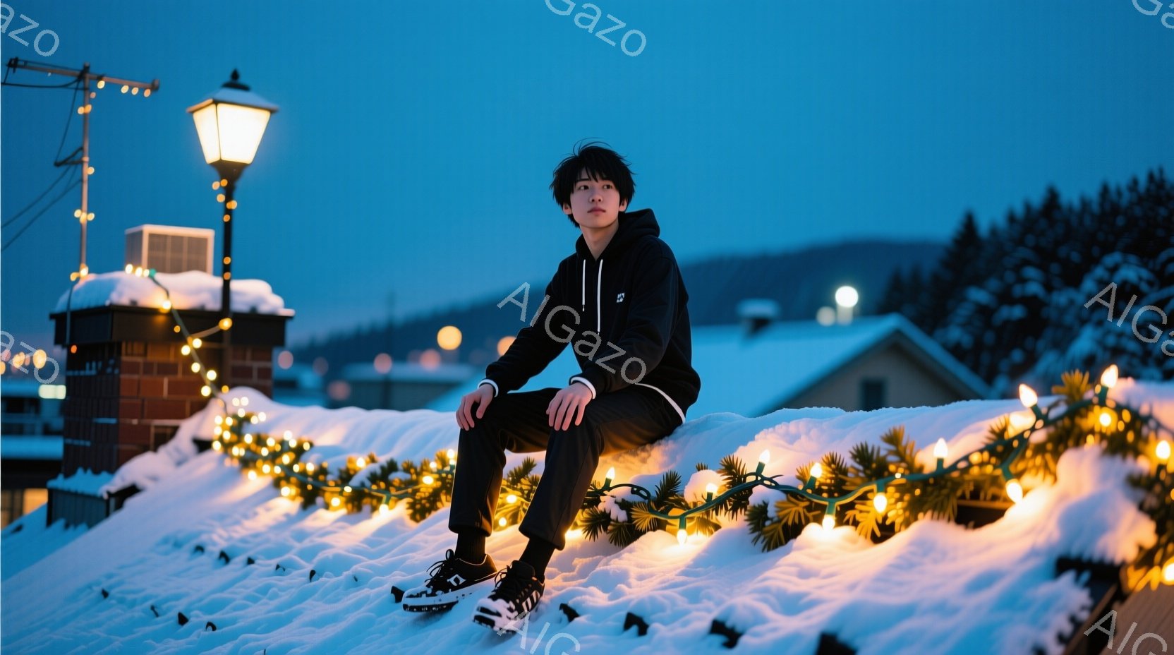 雪に覆われた屋根の上に、若い男性が座っている。彼は黒いパーカーと黒いズボンを身につけ、白いスニーカーを履いており、黒髪で前髪を下ろしたヘアスタイルをしている。背景には雪景色とイルミネーションが輝き、夕暮れ時の落ち着いた雰囲気を醸し出している。