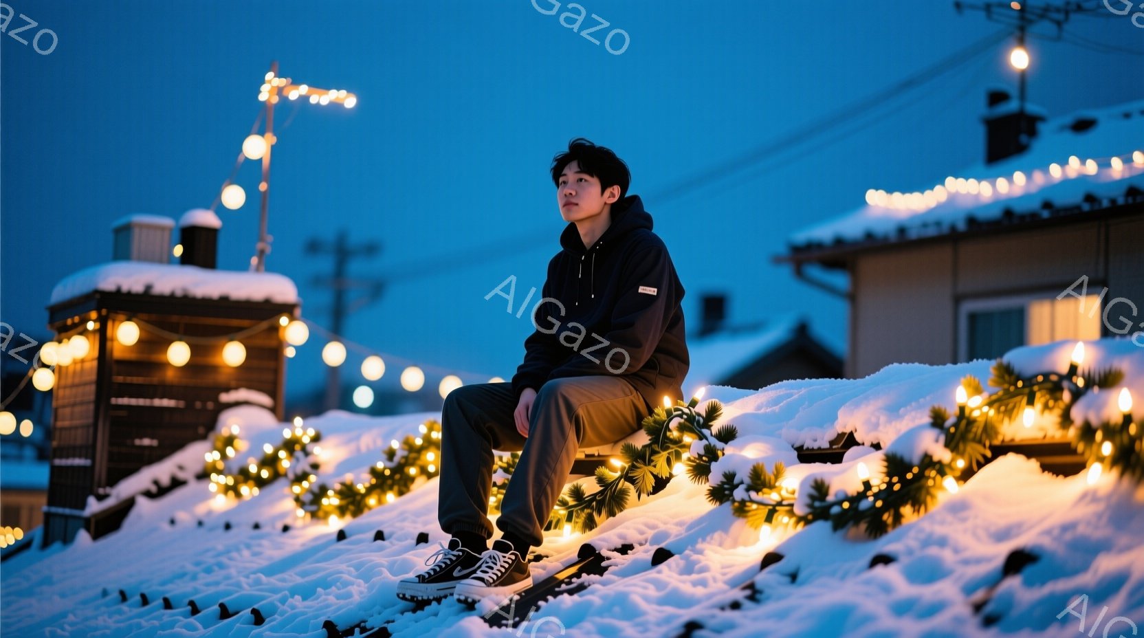 雪積もった屋根の上に若い男性が座っており、黒いパーカーとカーキ色のズボン、スニーカーを履いている。彼は少し物憂げな表情で遠くを見つめており、周囲にはクリスマスのようなイルミネーションが飾られている。背 - AI生成フリー素材