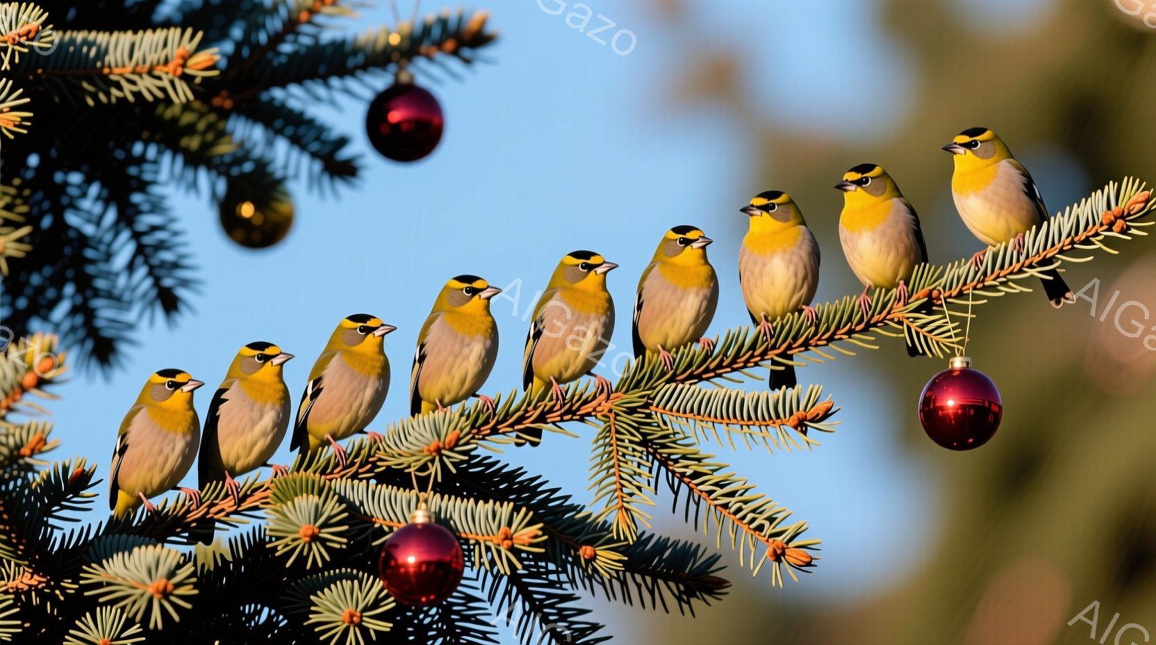 鮮やかな黄色の鳥が、クリスマスのモミの木の枝に一列に並んで座っています。赤いオーナメントが木に飾られ、背景は穏やかな青空です。鳥たちは皆同じ方向に視線を向け、静かで穏やかな雰囲気が漂っています。 - AI生成フリー素材