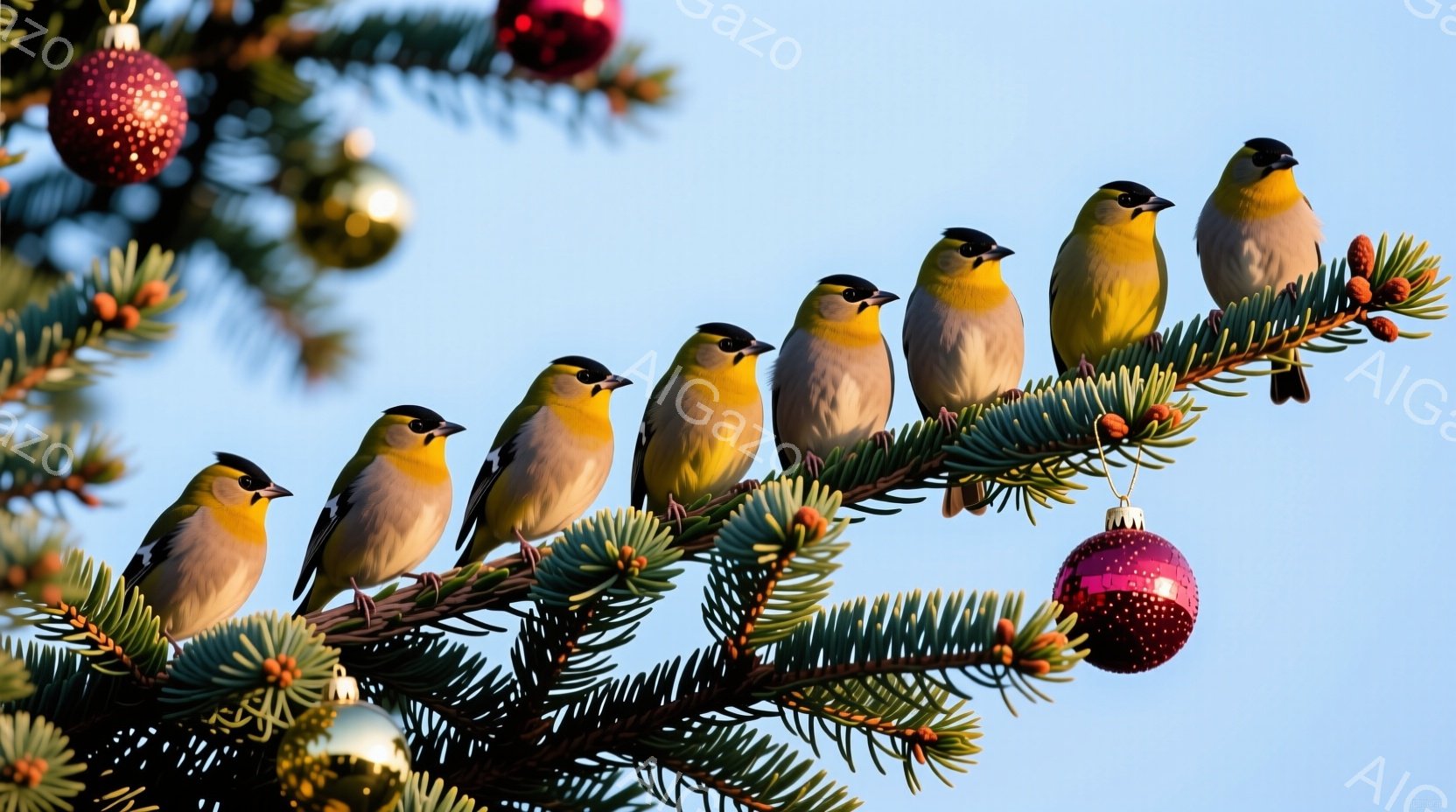 クリスマスツリーの枝に並んだ、冠羽を持つ黄色い鳥たちが写っています。鳥たちは皆同じ方向を見ており、静かに佇んでいます。背景には青空が広がり、枝には赤いオーナメントが数個飾られており、クリスマスの雰囲気 - AI生成フリー素材