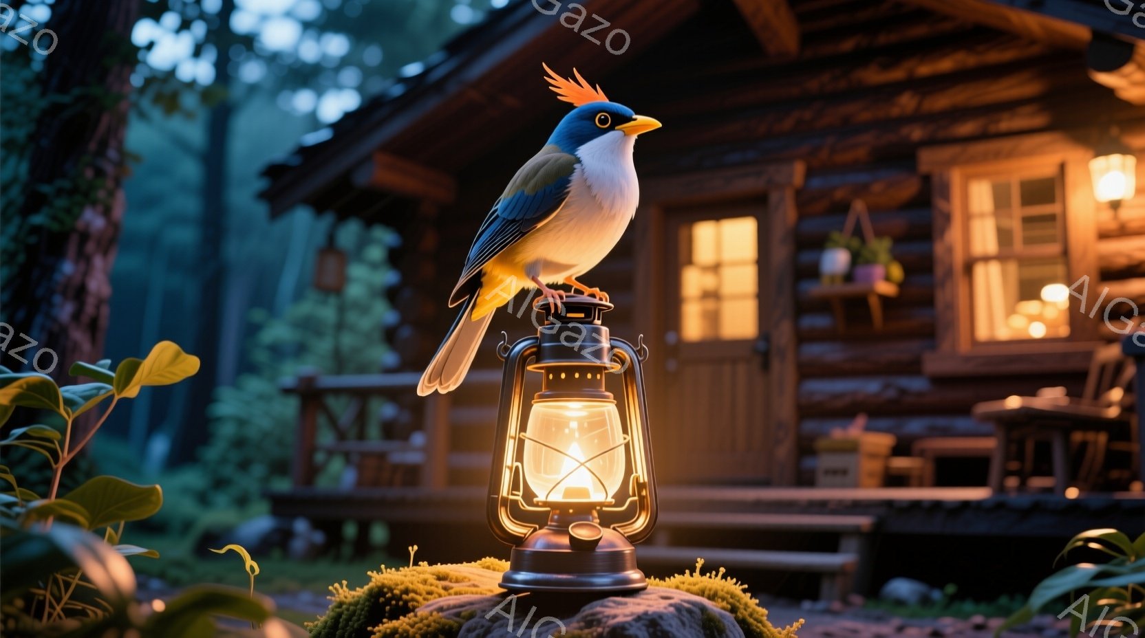 古いランタンの上に、鮮やかな青い羽を持つ鳥が止まっています。ランタンは苔むした岩の上に置かれ、内部の炎が暖かく光っています。背景には、窓から光が漏れる、ログハウスと緑豊かな自然が見え、穏やかで静かな夜 - AI生成フリー素材