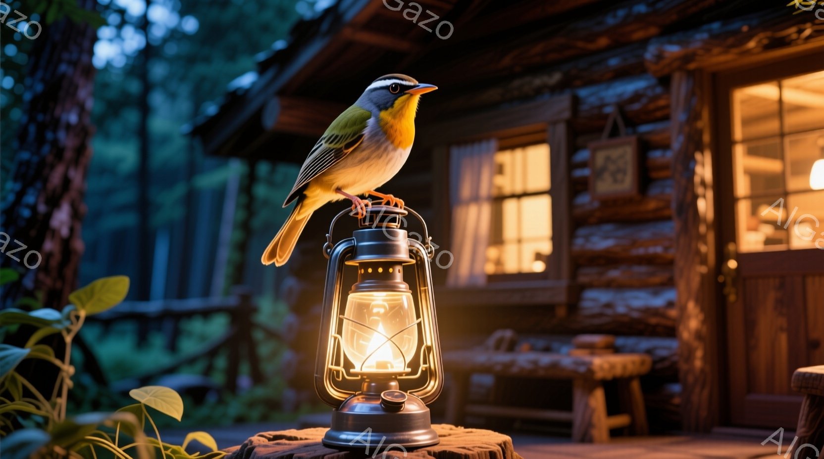 古びたランタンの頂上に、鮮やかな黄色の鳥が止まっている。背景には、暖色の光が灯った木造の小屋があり、周囲は緑豊かな自然に囲まれている。ランタンの光と小屋の灯りが、静かで穏やかな夜の雰囲気を醸し出してい - AI生成フリー素材