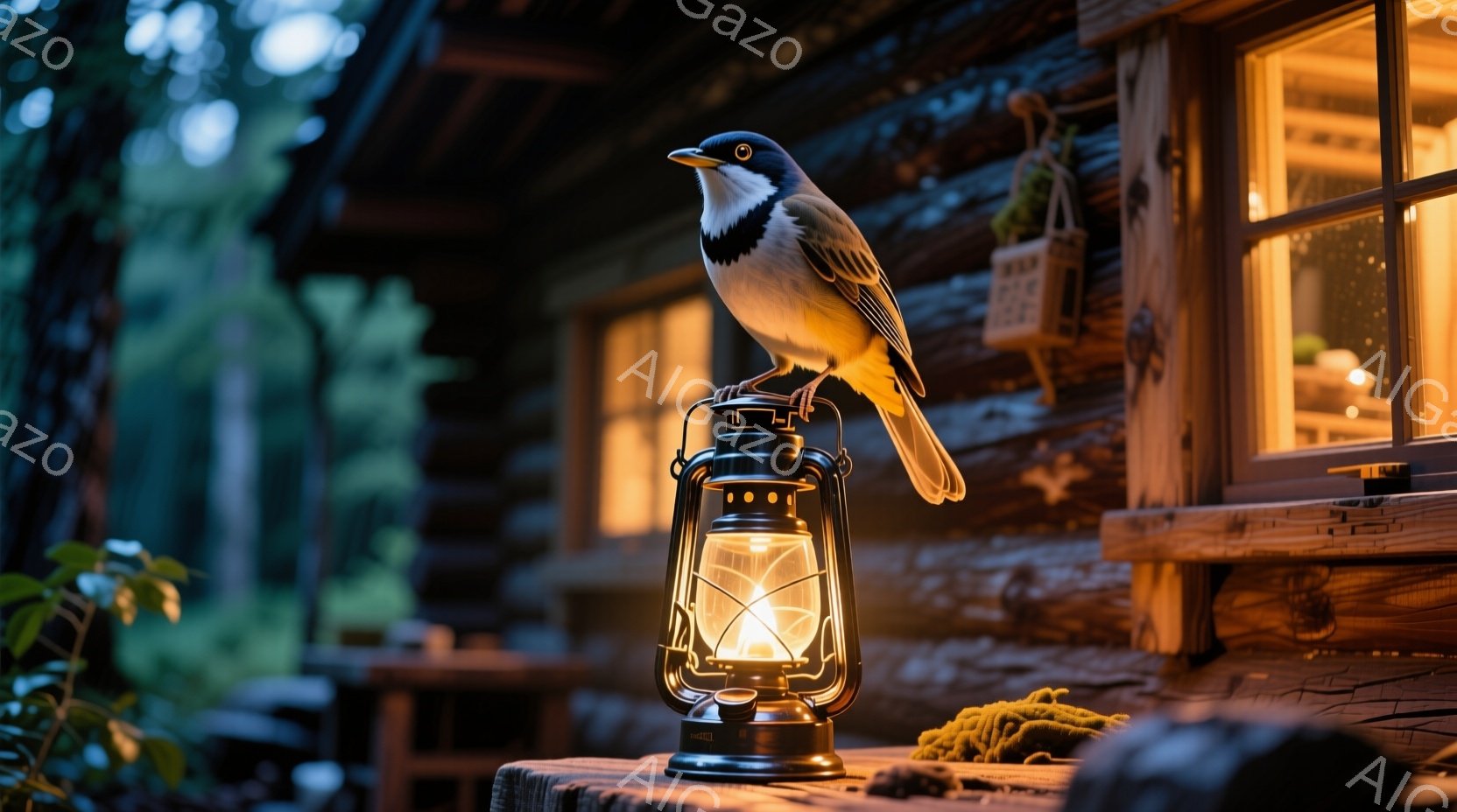 古い木造の建物の前に、一羽の鳥が灯油ランタンの上に止まっている。建物は木製の壁で覆われ、窓からは暖かな光が漏れ出ている。夜の森を背景に、静かで穏やかな雰囲気が漂っている。