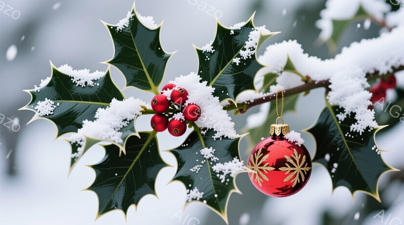 鮮やかな緑色のヒイラギの葉と赤い実が、雪に覆われた枝に咲き誇っています。葉の上には白い雪が降り積もり、冬の風景を表現しています。ヒイラギの間に、金色の模様が施された赤いクリスマスオーナメントが飾られており、華やかさと季節感を演出しています。
