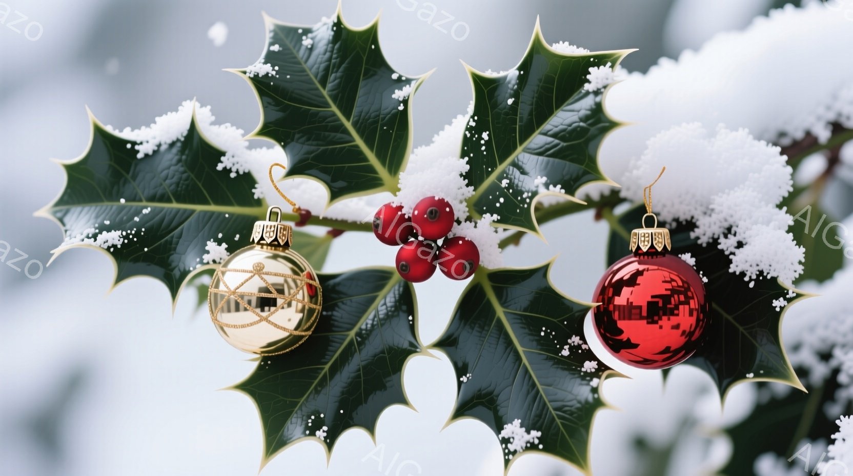 濃い緑のヒイラギの葉と赤い実が、冬の装飾である金と赤のオーナメントボールと共に写っている。ヒイラギの葉には白い霜が降りており、背景はぼやけていて、雪が舞っているような冬の雰囲気を感じさせる。全体的に、静かで上品なホリデーシーズンの装飾を表現している。