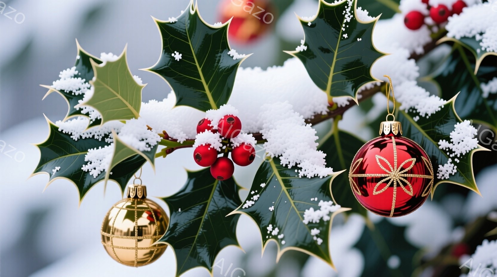 クリスマスツリーの枝に、赤い実と緑の葉がつき、雪が積もっている様子が描かれている。金色のボールオーナメントと赤いオーナメントが飾られており、冬の暖かく華やかな雰囲気を醸し出している。背景は白く、雪景色 - AI生成フリー素材