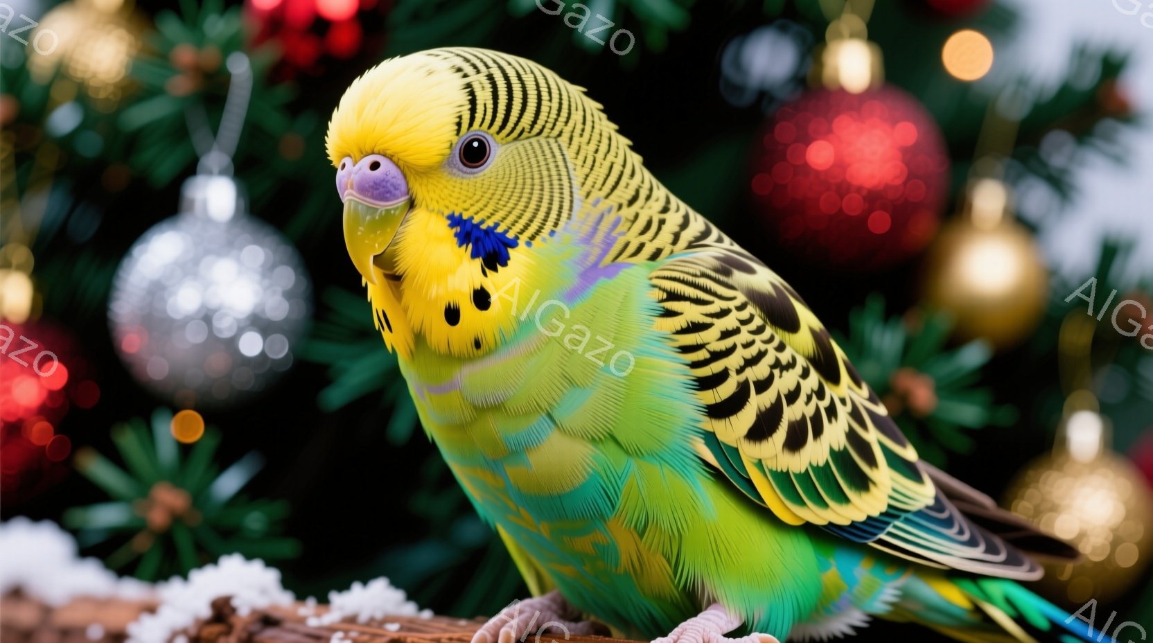 セキセイインコが、クリスマスの飾り付けがされた背景の前で正面を向いています。鮮やかな緑と黄色の羽毛を持ち、黒い模様が特徴的です。背景には、赤や金色のオーナメントが飾られたクリスマスツリーがあり、白い雪が散りばめられた木の上にインコが止まっています。