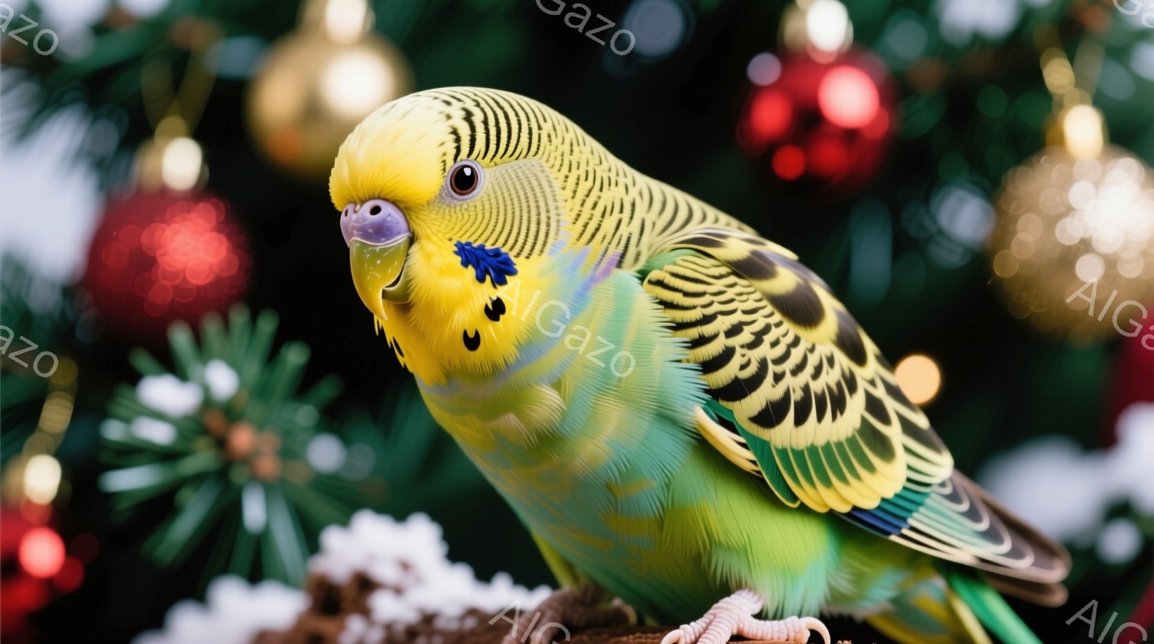 セキセイインコが枝に止まっており、鮮やかな緑、黄色、黒色の羽が特徴的です。その表情は好奇心旺盛で、少し上を見ている様子が可愛らしいです。背景にはぼやけたクリスマスツリーの飾りが見え、全体的に温かく、お祝いの雰囲気が漂っています。