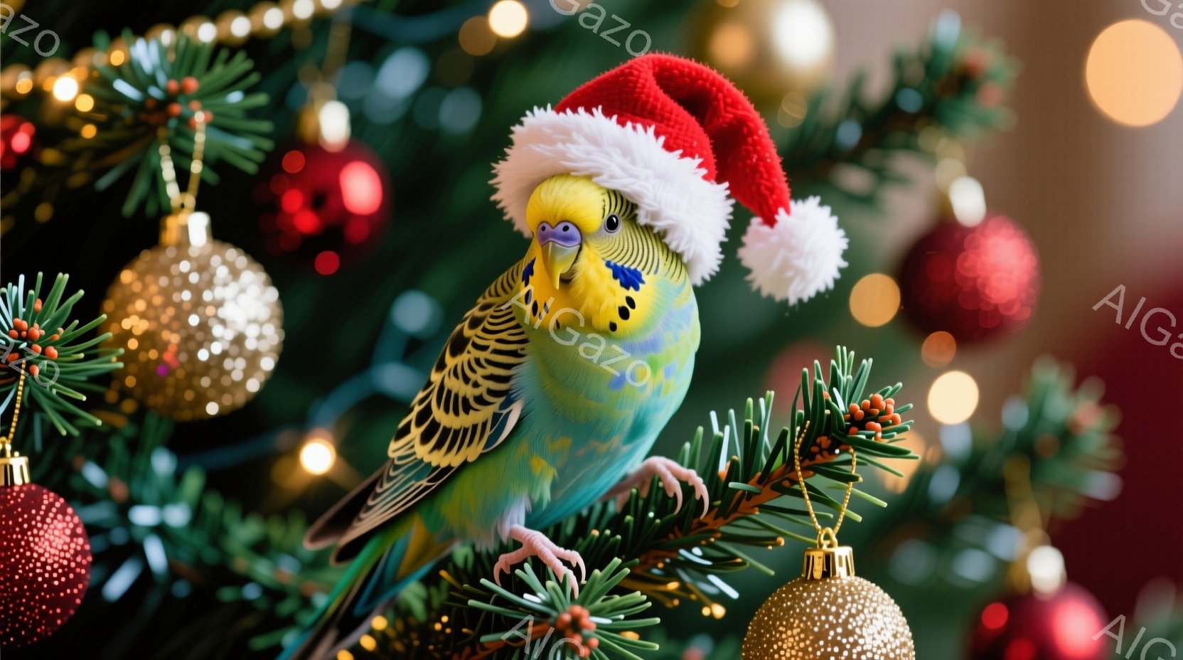 セキセイインコがクリスマスツリーの枝にとまっており、頭にはサンタ帽をかぶっています。鮮やかな緑と青の羽毛、そして黒い縞模様が特徴的で、その表情は少し驚いたようにも見えます。背景には、赤や金色のオーナメントで飾られたクリスマスツリーがあり、暖かくお祝いムードに包まれています。