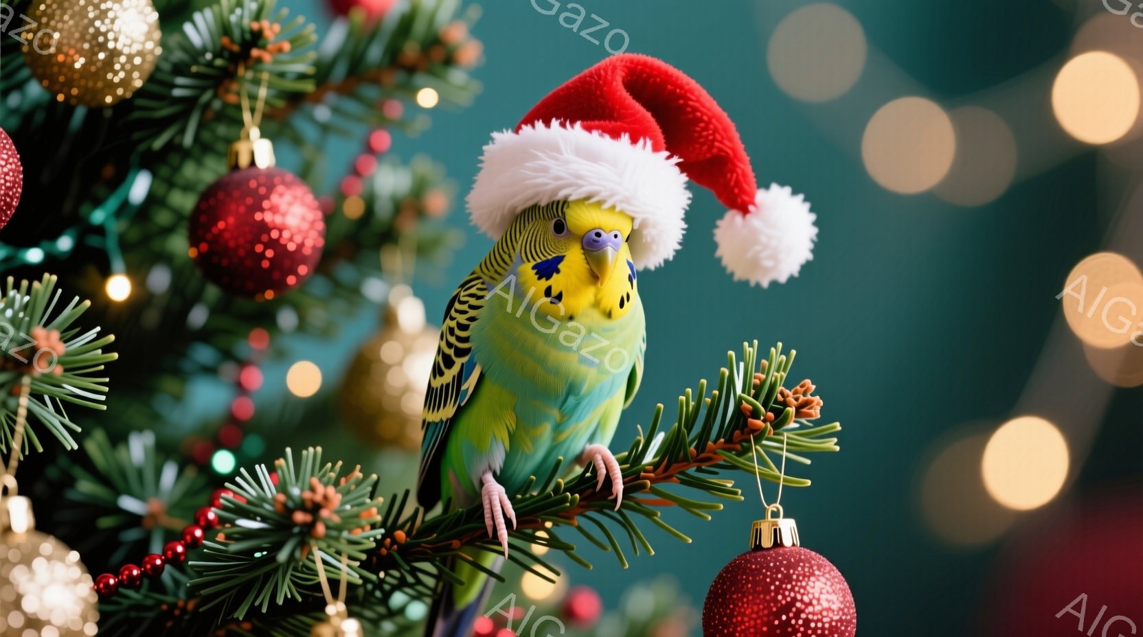 セキセイインコがクリスマスツリーの枝にとまっており、頭には赤いサンタの帽子をかぶっています。背景には、赤いオーナメントやキラキラと光る電飾で飾られた緑のクリスマスツリーがあり、お祝いの雰囲気が漂っています。インコはリラックスした様子で、クリスマスの装飾の中に溶け込んでいます。