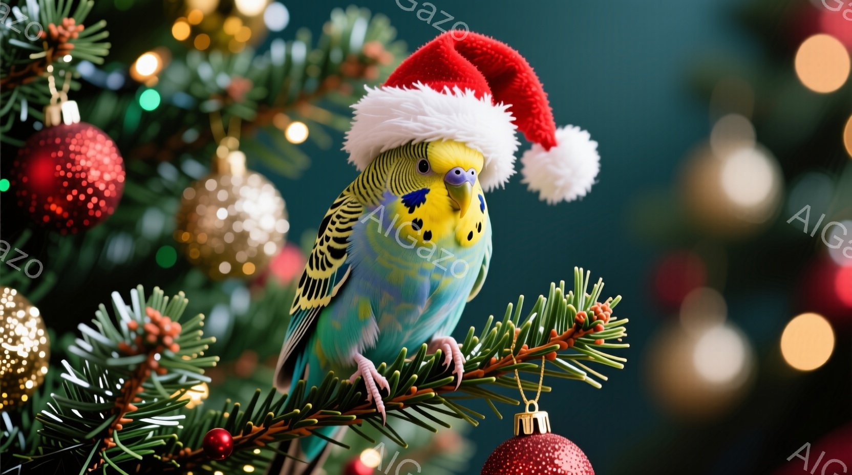 セキセイインコがクリスマスツリーの枝にとまっており、頭にはサンタクロースの帽子をかぶっています。背景には、ぼやけたクリスマスツリーの飾りと電飾が光り、温かい祝祭の雰囲気を醸し出しています。鳥は少しこち - AI生成フリー素材