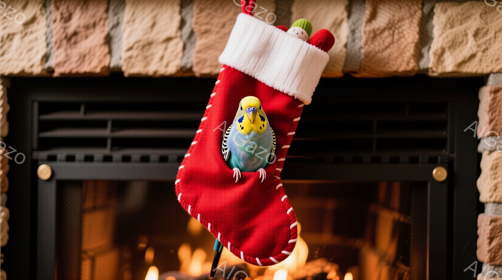 赤いクリスマスストッキングが暖炉の前に吊るされており、中から青と黄色のオカメインコが顔を出しています。オカメインコは好奇心旺盛な表情で、少し顔を傾げてこちらを見ています。暖炉の背景はレンガ造りで、ぼんやりと炎が見え、温かくお祝いムードを醸し出しています。