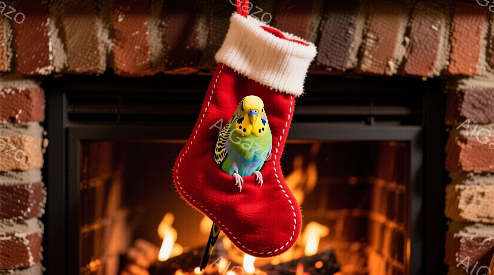赤いクリスマスストッキングの中に、鮮やかな緑、青、黄色のセキセイインコがちょこんと座っています。背景には暖炉があり、炎が燃えており、暖かくお祝いの雰囲気を醸し出しています。ストッキングの白い縁と、インコの愛らしい表情が、このシーンをより一層魅力的にしています。