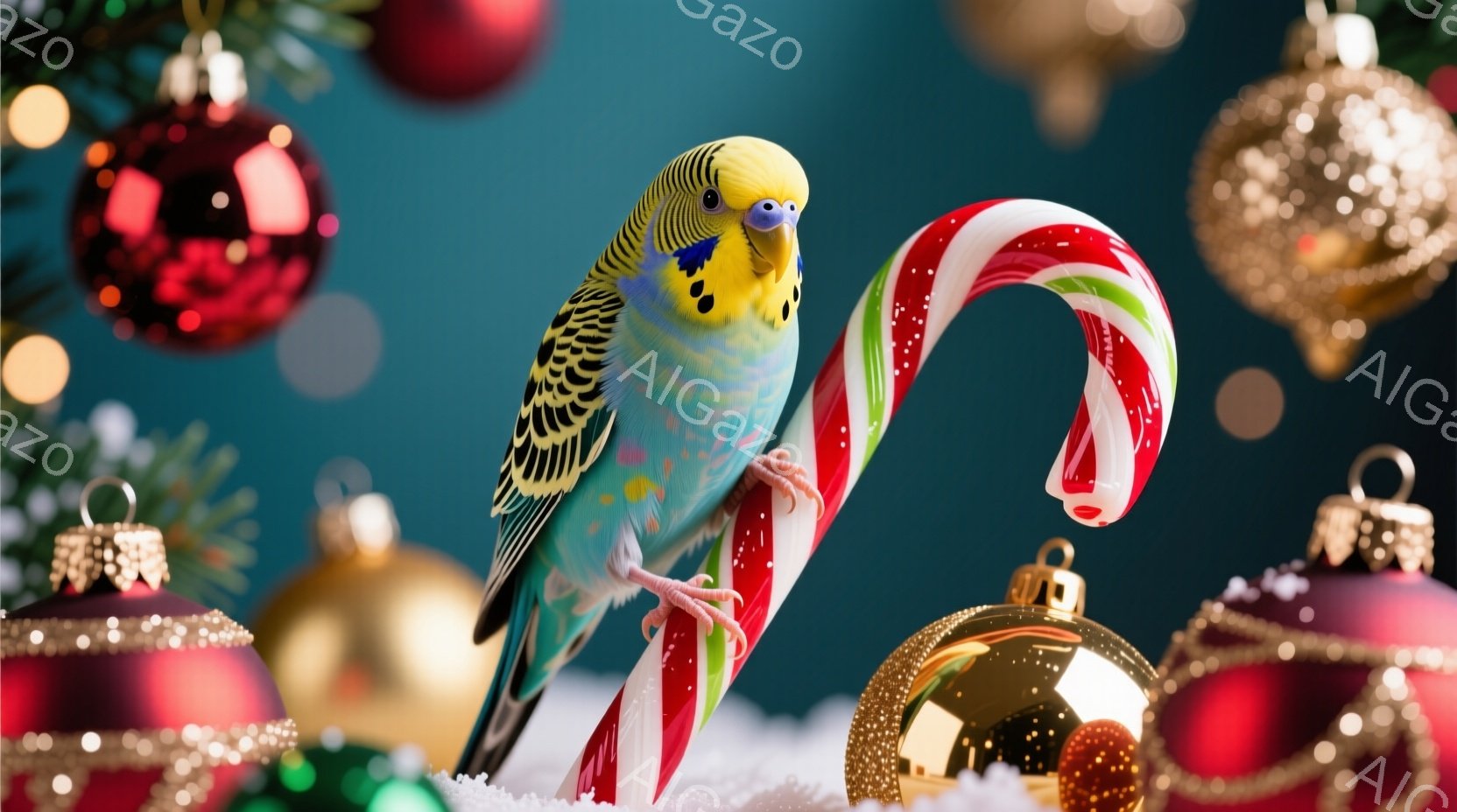 鮮やかな青緑色のセキセイインコが、赤と白の縞模様のキャンディケーンの上に立っている。背景には、赤や金色のクリスマスオーナメントが散りばめられ、雪が積もったような演出が施されている。全体的に、ホリデーシ - AI生成フリー素材