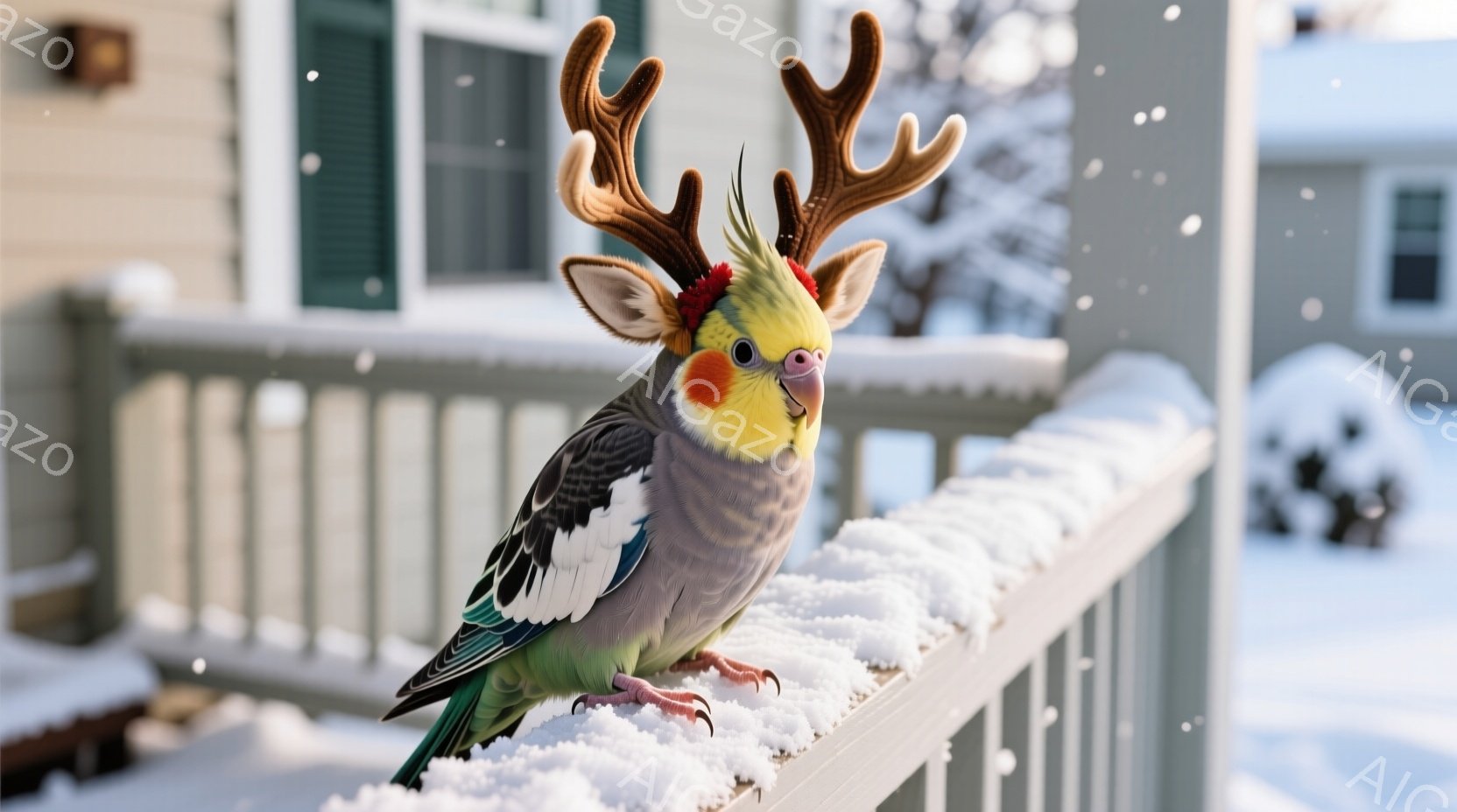 白い雪が積もった手すりにとまっているオカメインコが写っています。頭にはトナカイの角がついており、遊び心のある装いです。背景には雪に覆われた家々が見え、冬の穏やかな雰囲気を醸し出しています。 - AI生成フリー素材