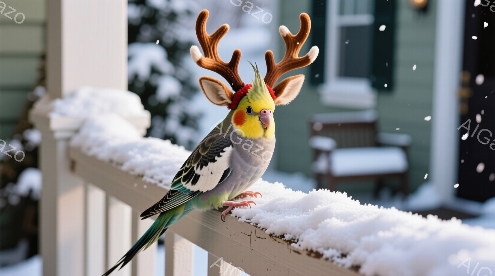 雪が降る寒い日に、オカメインコが白い手すりに止まっています。頭には小さなトナカイの角がついており、可愛らしい表情をしています。背景には雪で覆われた家が見え、冬の穏やかな雰囲気を醸し出しています。 - AI生成フリー素材