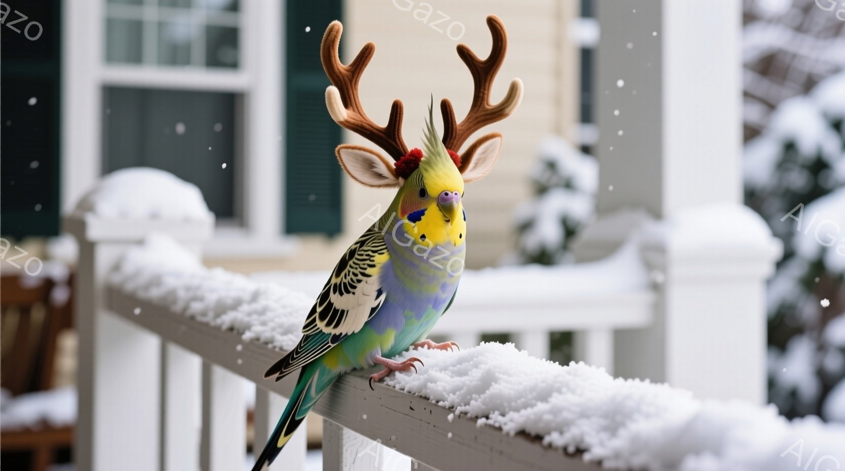 白い手すりに一羽のオカメインコが止まっています。頭には小さなトナカイの角が生え、まるでクリスマスの装飾のようです。背景には雪が降る冬の風景が広がり、建物が見え、全体的に可愛らしく、遊び心のある雰囲気です。