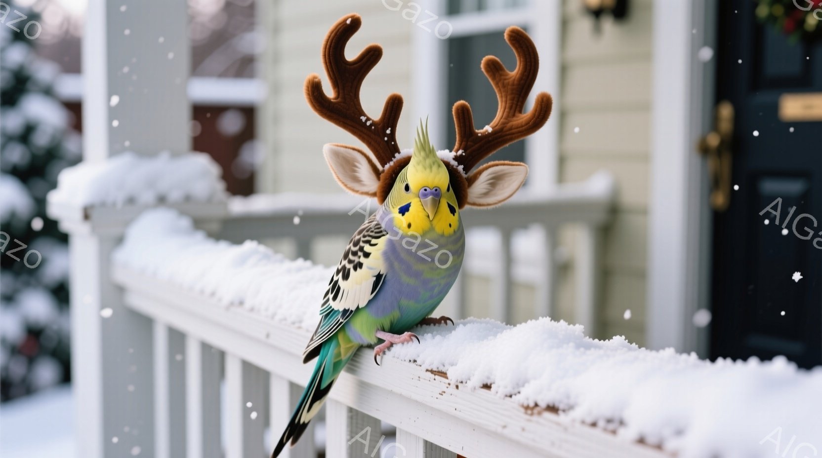 セキセイインコが、クリスマスらしいトナカイの角を頭に載せて、雪で覆われた白い柵の上に座っています。鳥は正面を向き、やや好奇心旺盛そうな表情で、鮮やかな緑、青、黄色の羽毛が特徴的です。背景には、雪が積もった建物や冬の風景が見え、全体的に陽気で遊び心のある雰囲気が漂っています。