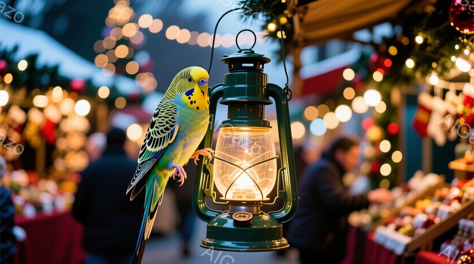 緑色のランタンの上に、鮮やかな青と黄色のセキセイインコが止まっています。背景には、クリスマスの飾り付けが施された屋台や、ぼやけた人々の姿が見え、華やかで賑やかな雰囲気が漂っています。ランタンの光とクリ - AI生成フリー素材