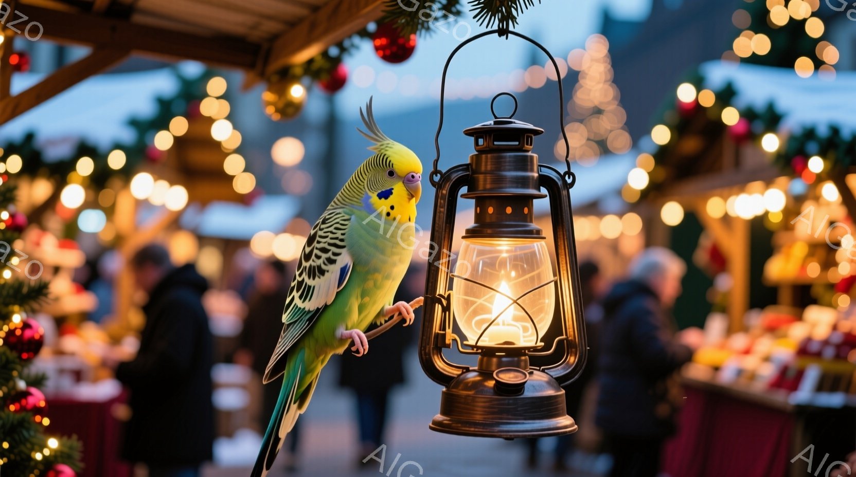 セキセイインコが、点灯したランタンの棒の上にとまっている。背景には、クリスマスマーケットのような賑やかな光景がぼやけて写っており、人々が歩き、赤い装飾が目に付く。全体的に温かく、お祭り気分を醸し出す冬 - AI生成フリー素材