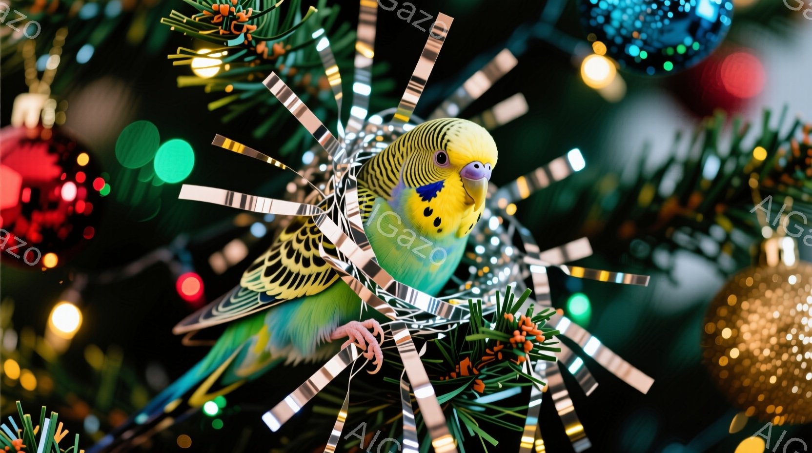 セキセイインコがクリスマスツリーの緑の葉と銀色の飾りの中に隠れている様子が写っています。インコは鮮やかな緑、青、黄色の羽を持ち、好奇心旺盛な表情でこちらを見ています。背景にはぼやけたクリスマスツリーの装飾と光があり、暖かくお祝いの雰囲気を醸し出しています。