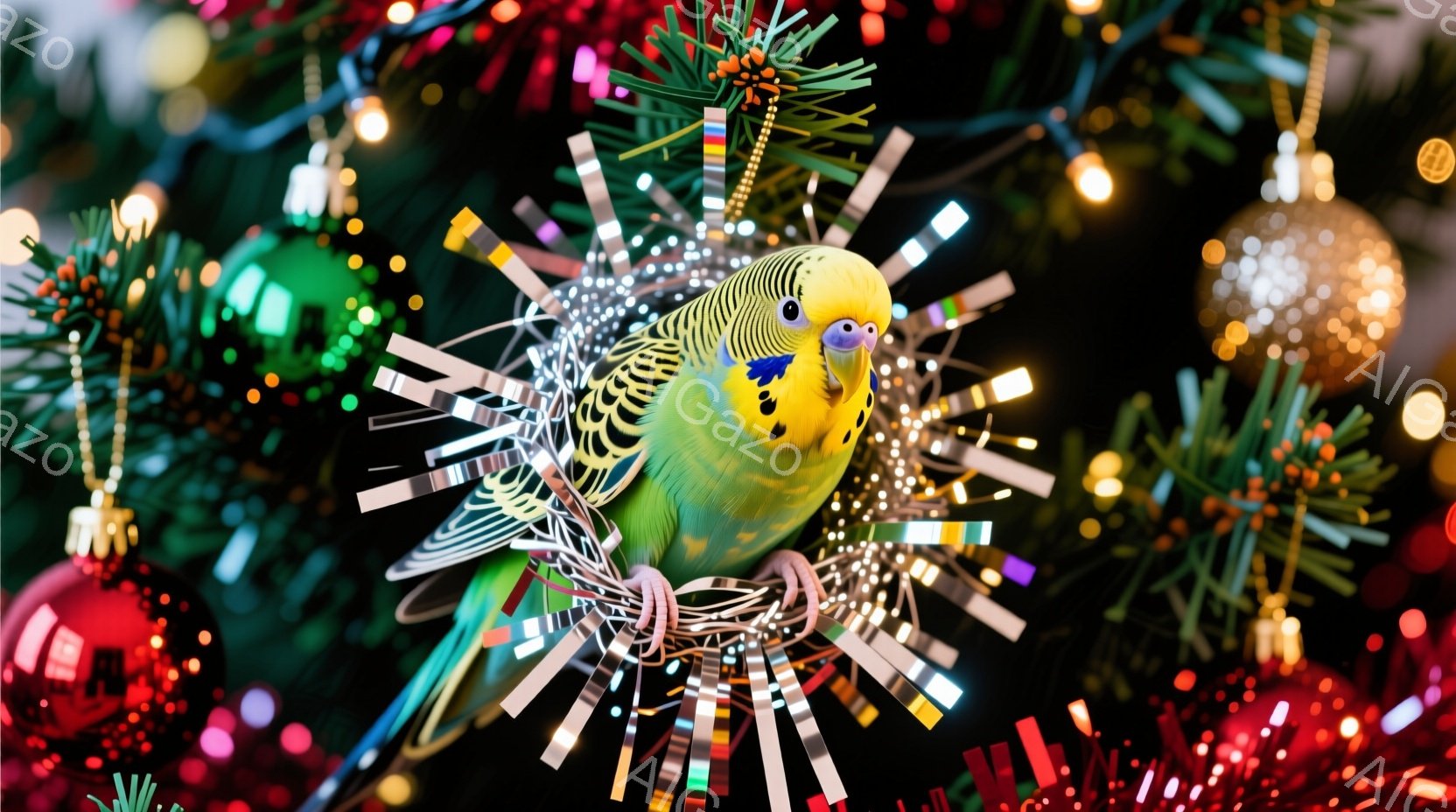 鮮やかな緑色のセキセイインコが、きらびやかな銀色の装飾の中に佇んでいます。背景には、赤や緑のオーナメントで飾られたクリスマスツリーが広がり、お祝いの雰囲気を盛り上げています。インコの丸い瞳と、全体的に - AI生成フリー素材