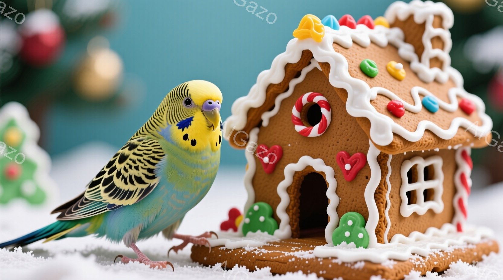セキセイインコが雪の上に飾られたジンジャーブレッドハウスの隣に立っています。鳥は鮮やかな緑と黄色の羽を持ち、右足を少し上げて立っており、ジンジャーブレッドハウスを興味深そうに見つめています。背景にはぼ - AI生成フリー素材