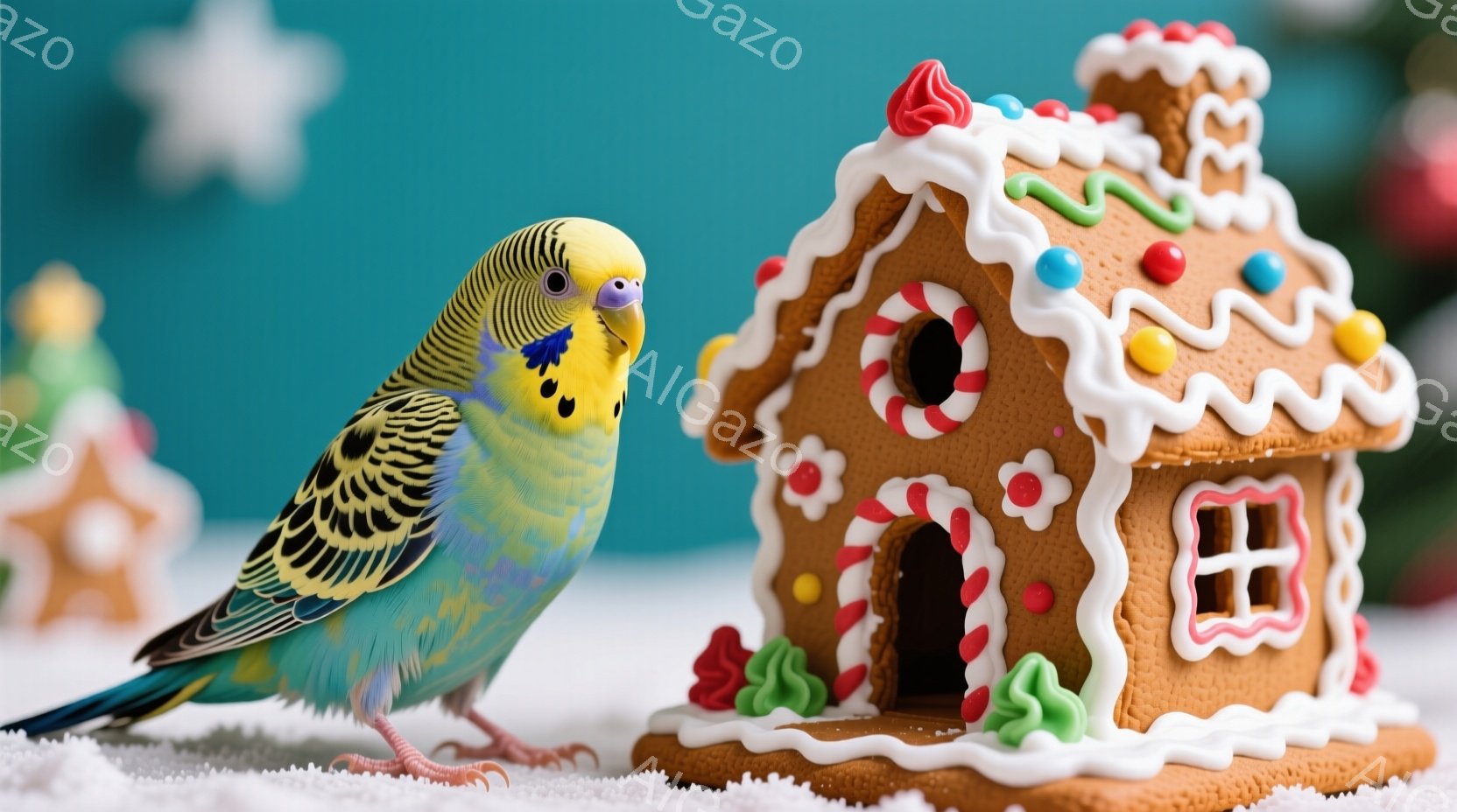 セキセイインコが、雪の上に置かれたジンジャーブレッドハウスの横に立っています。インコは鮮やかな青と黄色の羽を持ち、好奇心旺盛な表情でジンジャーブレッドハウスを見つめています。背景にはぼやけたクリスマス - AI生成フリー素材