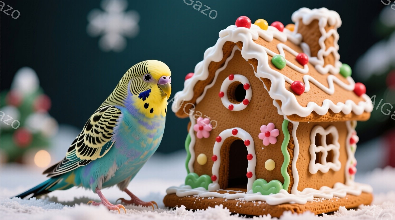 セキセイインコがジンジャーブレッドハウスの隣に立っており、興味深そうにそれを見つめている。背景には雪が積もり、ぼんやりとした緑色のクリスマスツリーがいくつか見え、お祝いの雰囲気を感じさせる。全体的に、 - AI生成フリー素材