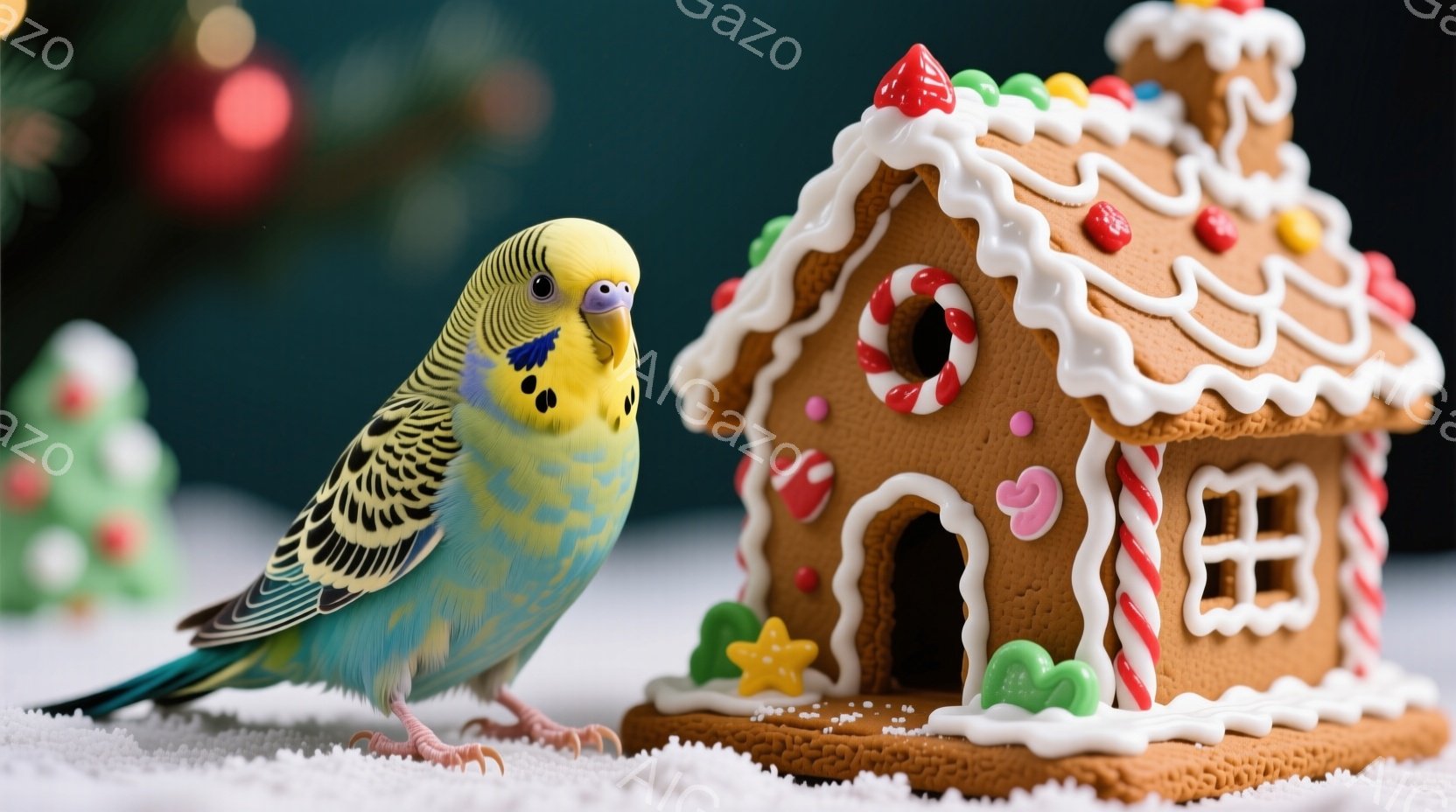 セキセイインコが雪のような白い表面の上に立っており、背景にはジンジャーブレッドハウスがあります。インコは青と黄色の羽を持ち、好奇心とわずかな警戒心を持ってジンジャーブレッドハウスの方を見ています。背景 - AI生成フリー素材