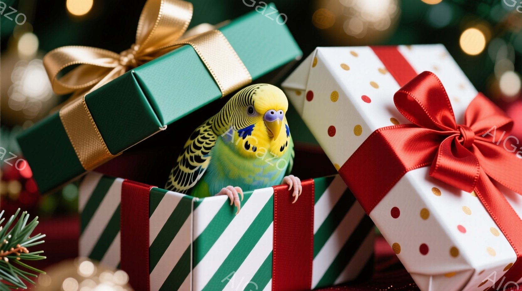 セキセイインコが赤と白のストライプ、緑、水玉模様のギフトボックスの上に座り、まるでプレゼントの一部のように見えています。インコは鮮やかな黄緑色の羽を持ち、好奇心旺盛な表情でこちらを見ています。背景には - AI生成フリー素材