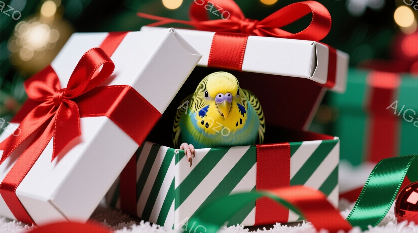 明るい緑と黄色のセキセイインコが、赤いリボンで飾られた白いギフトボックスの中に座っています。インコは片足を上げており、好奇心と遊び心に満ちた表情をしています。背景にはぼやけたクリスマスツリーと、白い雪のようなものが散りばめられており、祝祭の温かい雰囲気を醸し出しています。
