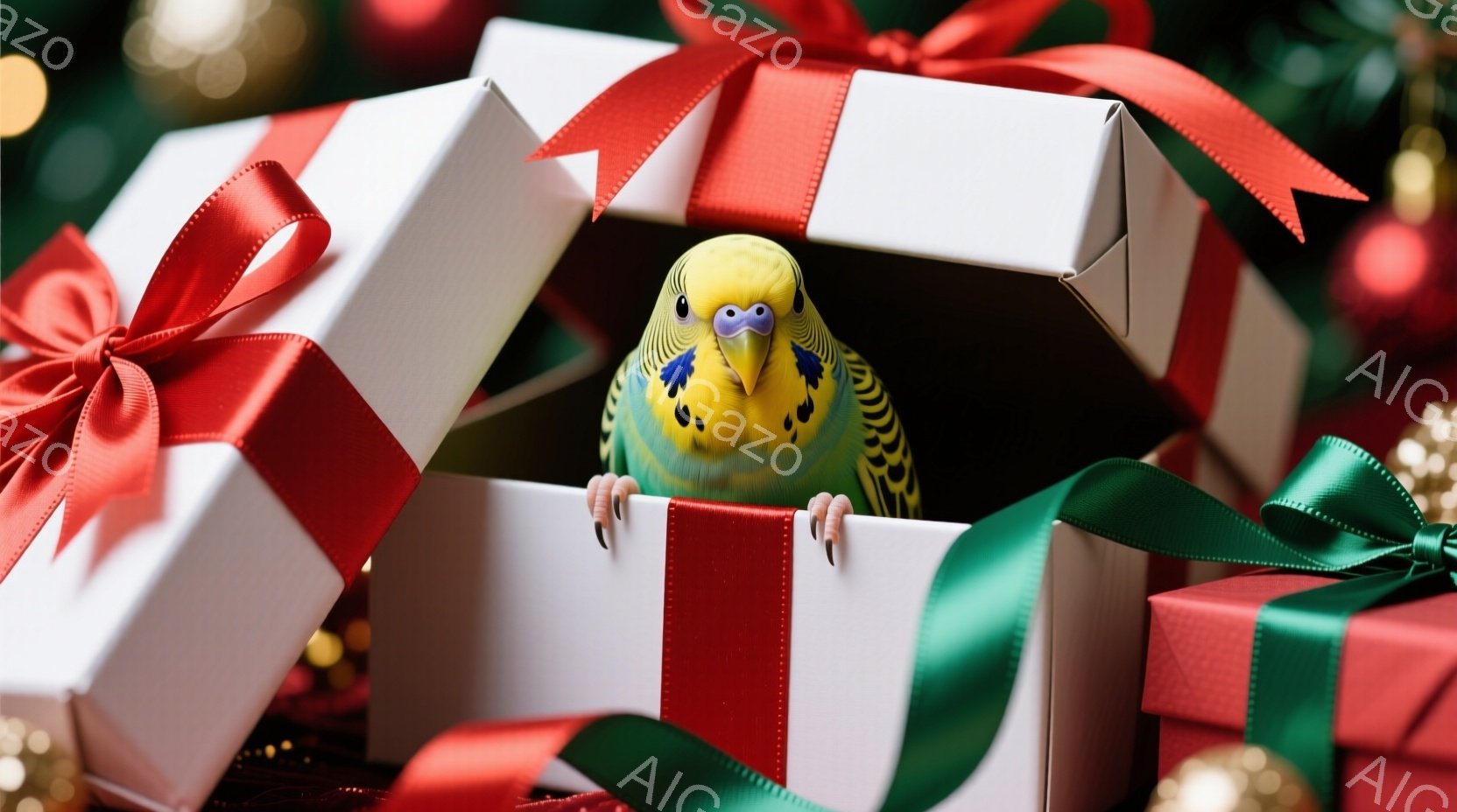 カラフルなセキセイインコが、赤いリボンと緑のリボンで飾られた白いギフトボックスの中から顔を出しています。インコは少し驚いた表情で、爪で箱の縁にしがみついています。背景には、他のギフトボックスやぼやけた - AI生成フリー素材