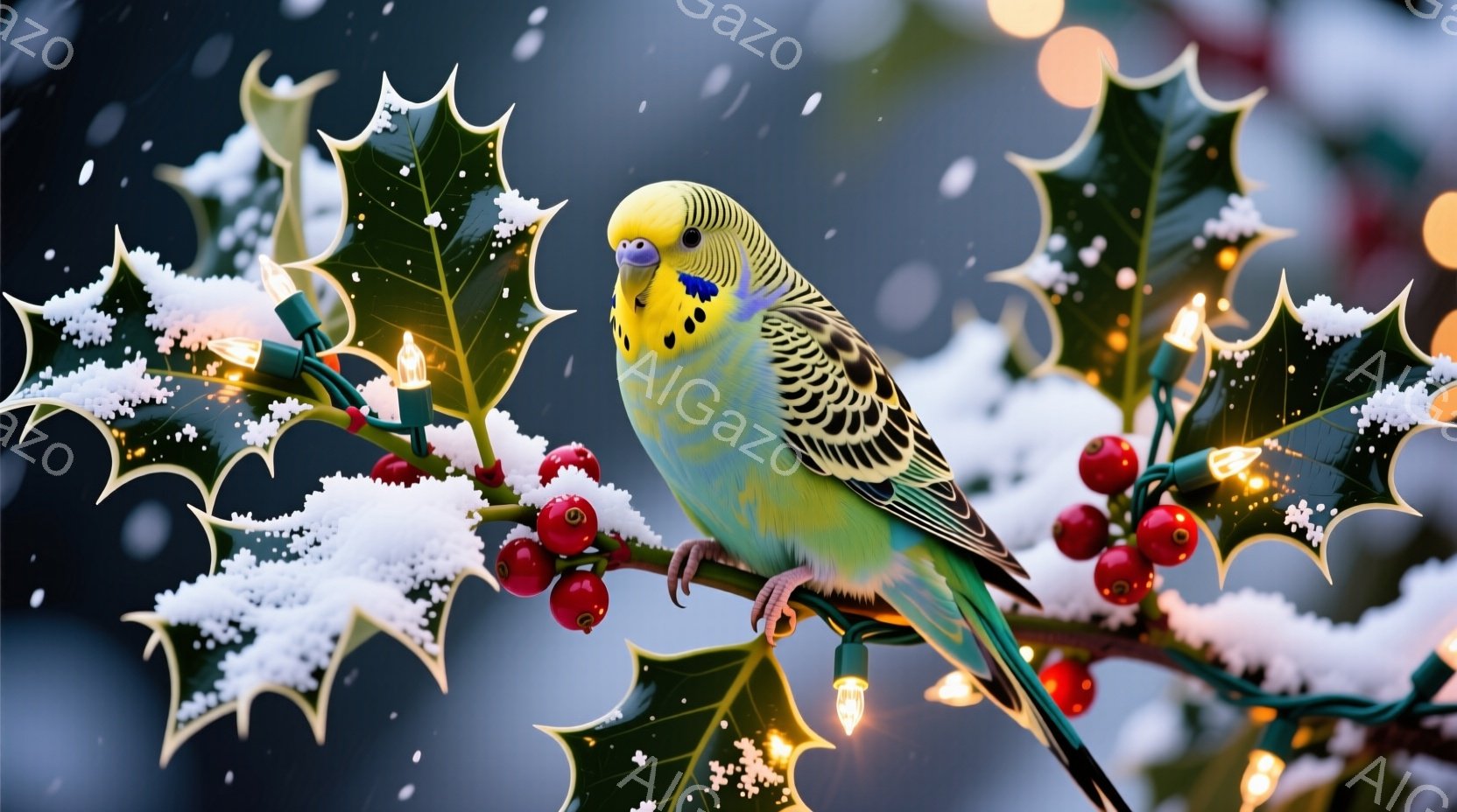 セキセイインコが赤い実の付いた葉の枝に止まっています。葉は冬の装飾に使われるホーリーで、小さな電飾で彩られています。背景は暗く、雪が舞っているように見え、インコとホーリーの緑が際立っています。