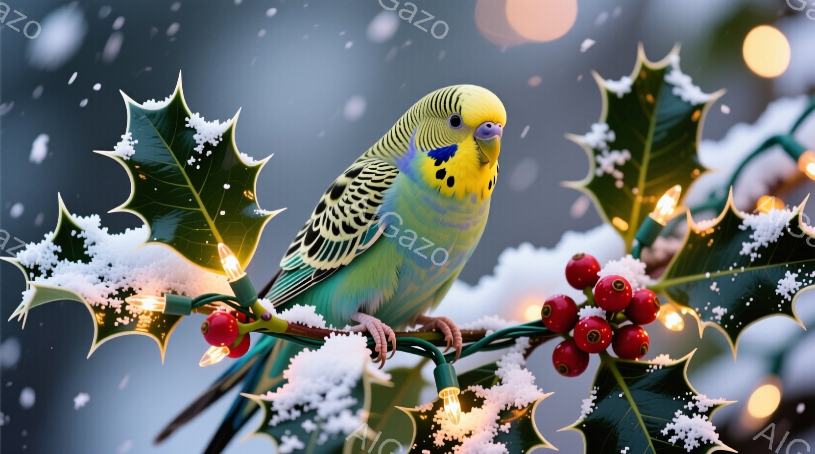 セキセイインコが赤い実のついた葉とキラキラと光るクリスマスライトの上に止まっています。鳥は鮮やかな緑、青、黄色の羽を持ち、雪が降る冬の背景に彩りを添えています。全体的に、温かく、お祝いの雰囲気で、クリスマスの季節を象徴する可愛らしい光景です。