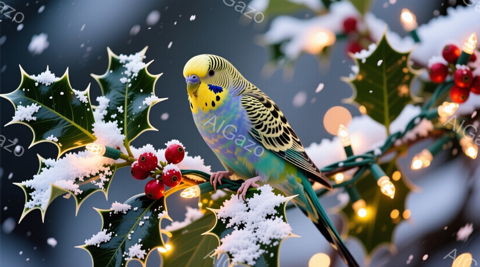 インコが赤い実のついた葉と光るクリスマスライトの上に止まっています。そのインコは鮮やかな青と黄色の羽を持ち、少し上目遣いでこちらを見ています。背景はぼやけており、冬の暖かく輝かしい雰囲気を醸し出しています。