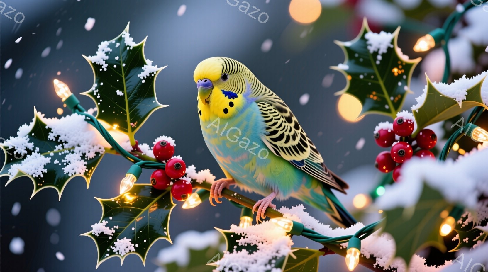 セキセイインコが、赤い実の付いた常緑樹と、キラキラと光るクリスマスライトに止まっています。インコは鮮やかな緑、黄色、水色の羽を持ち、正面を向いて少し上を見上げています。背景は雪が舞う暗い夜空で、全体的に温かく、お祝いの雰囲気が漂っています。