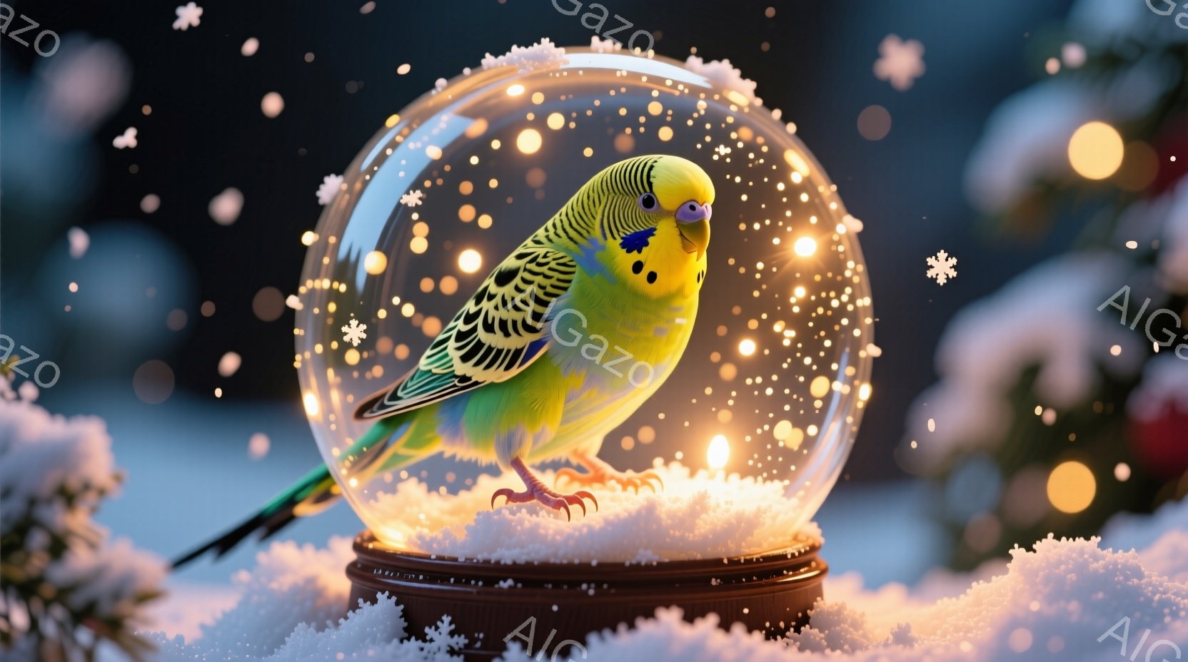 ガラスのドームの中に、鮮やかな黄緑色のセキセイインコが立っている。ドームの中には雪が舞い、下には雪の積もった台座があり、背景にはぼやけた緑の木々と暖色系の光が散りばめられ、冬の暖かく幻想的な雰囲気を醸 - AI生成フリー素材